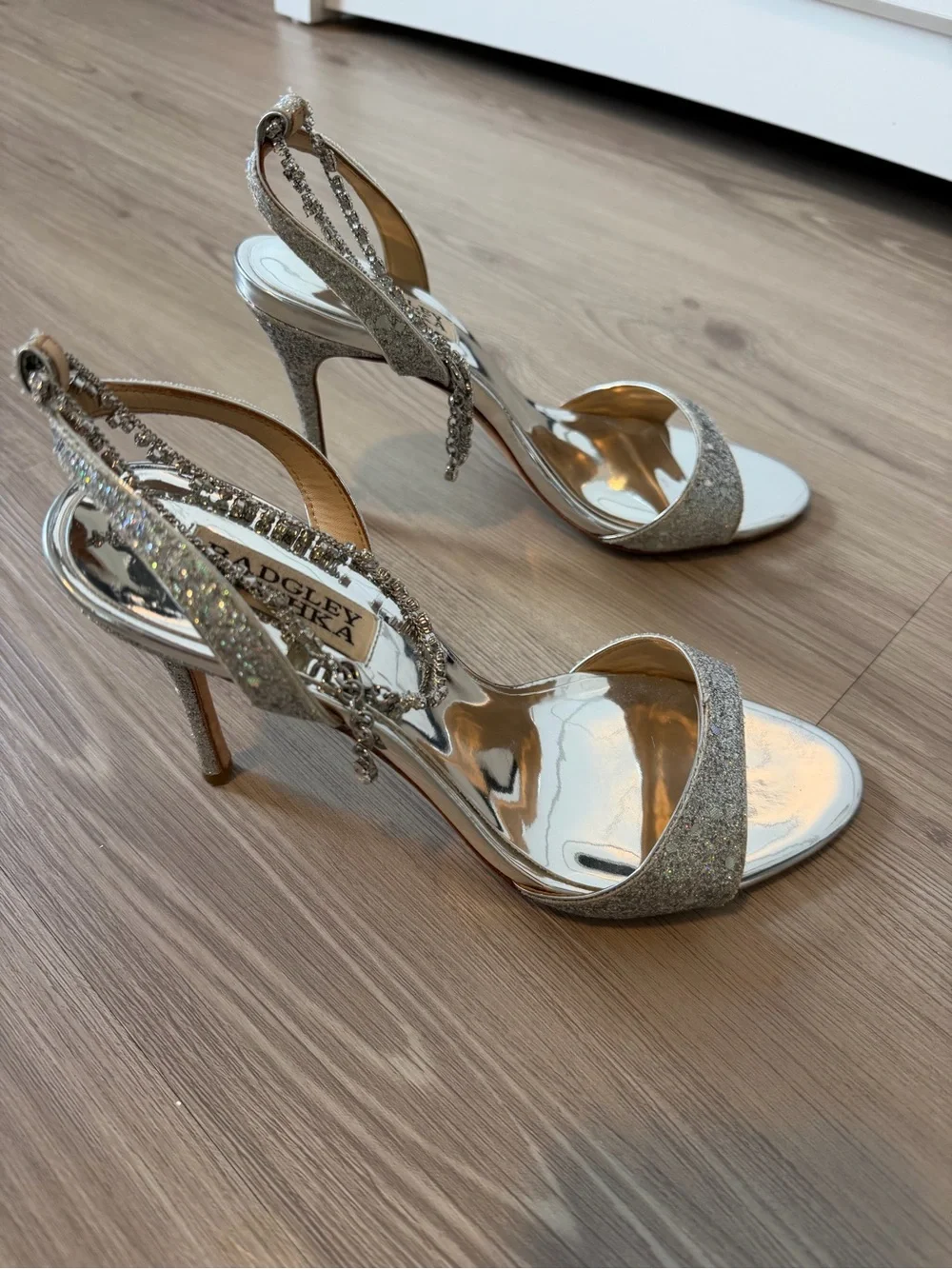 Badgley Mischka Silver Glitter Crystal-Embellished Slingback Heels